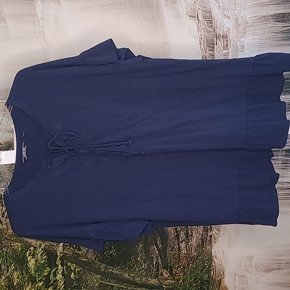 Lands End Womens 2X navy blue flowy ruffle short sleeve shirt